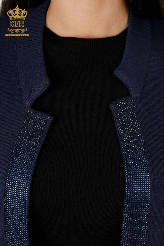 Wholesale Women's Knitwear Vest Pocket Lettering Stone Embroidered Edge Stripe - 16829 | KAZEE