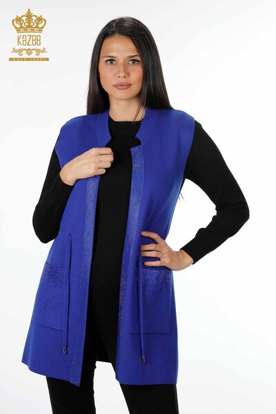 Wholesale Women's Knitwear Vest Pocket Lettering Stone Embroidered Edge Stripe - 16829 | KAZEE - 46