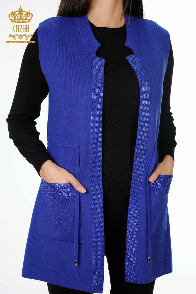 Wholesale Women's Knitwear Vest Pocket Lettering Stone Embroidered Edge Stripe - 16829 | KAZEE - 47