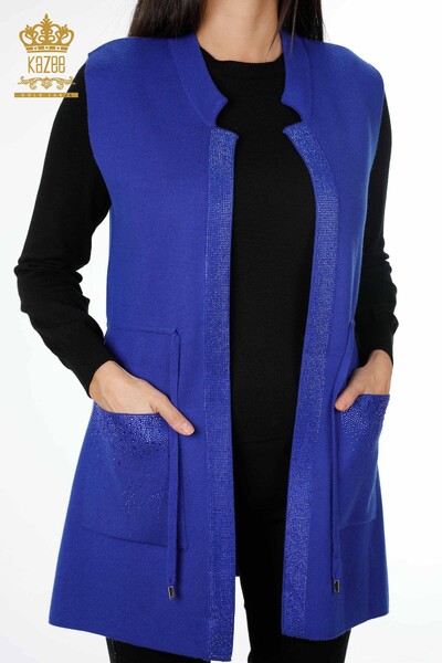 Wholesale Women's Knitwear Vest Pocket Lettering Stone Embroidered Edge Stripe - 16829 | KAZEE - 47