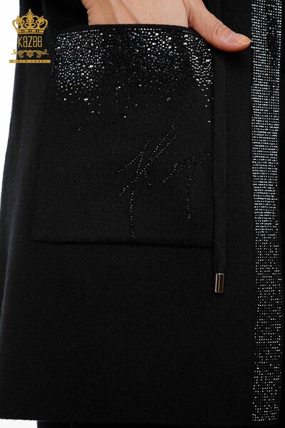 Wholesale Women's Knitwear Vest Pocket Lettering Stone Embroidered Edge Stripe - 16829 | KAZEE - Thumbnail