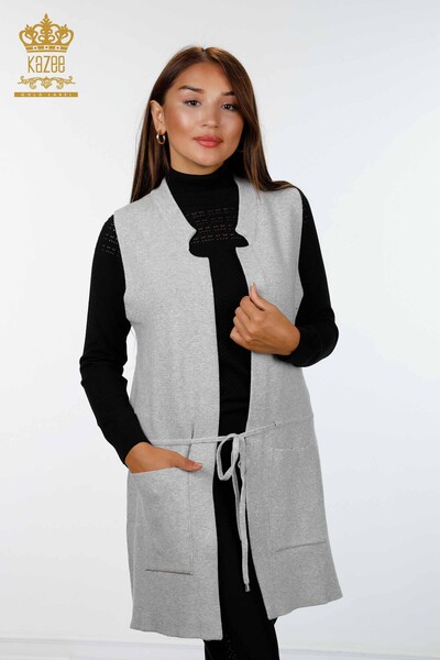 Kazee - Wholesale Women's Knitwear Vest Rope Detailed Two Pockets Long - 16234 | KAZEE