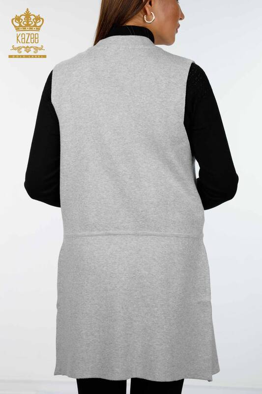 Wholesale Women's Knitwear Vest Rope Detailed Two Pockets Long - 16234 | KAZEE