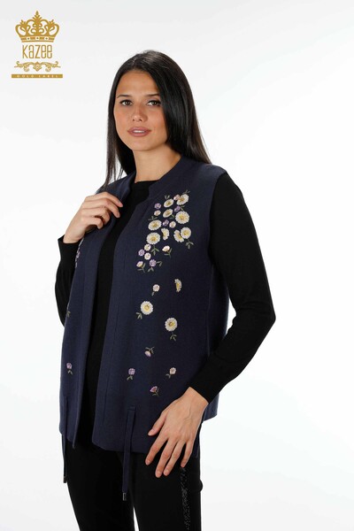 Wholesale Women's Knitwear Vest Short Daisy Patterned Stone Embroidered - 16816 | KAZEE - Thumbnail