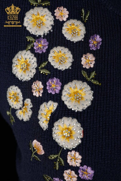 Wholesale Women's Knitwear Vest Short Daisy Patterned Stone Embroidered - 16816 | KAZEE - Thumbnail