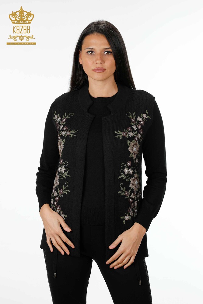 Wholesale Women's Knitwear Vest Short Floral Embroidered Stone - 16836 | KAZEE - 1