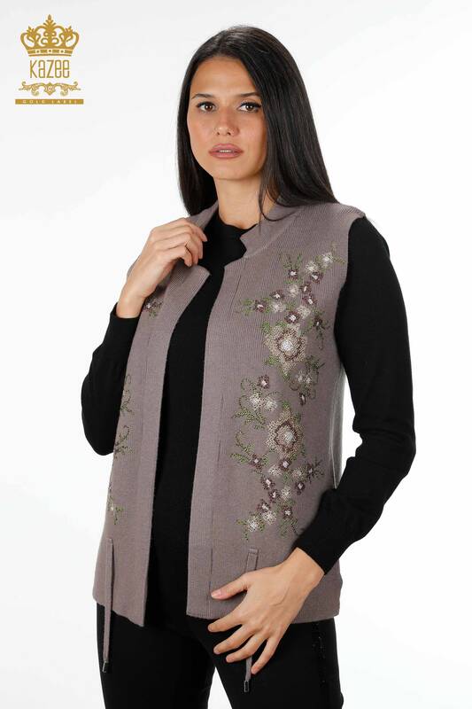 Wholesale Women's Knitwear Vest Short Floral Embroidered Stone - 16836 | KAZEE