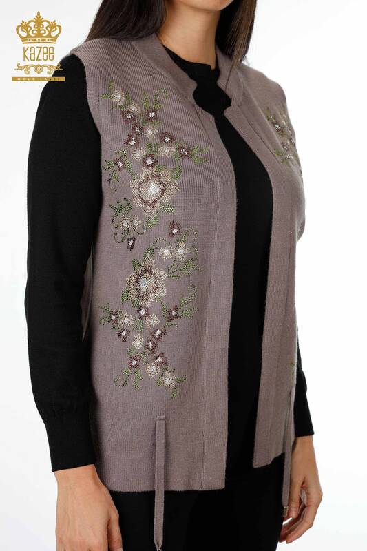 Wholesale Women's Knitwear Vest Short Floral Embroidered Stone - 16836 | KAZEE