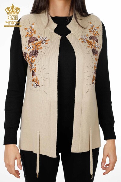 Wholesale Women's Knitwear Vest Short Floral Embroidered Stone Embroidered - 16814 | KAZEE - Thumbnail