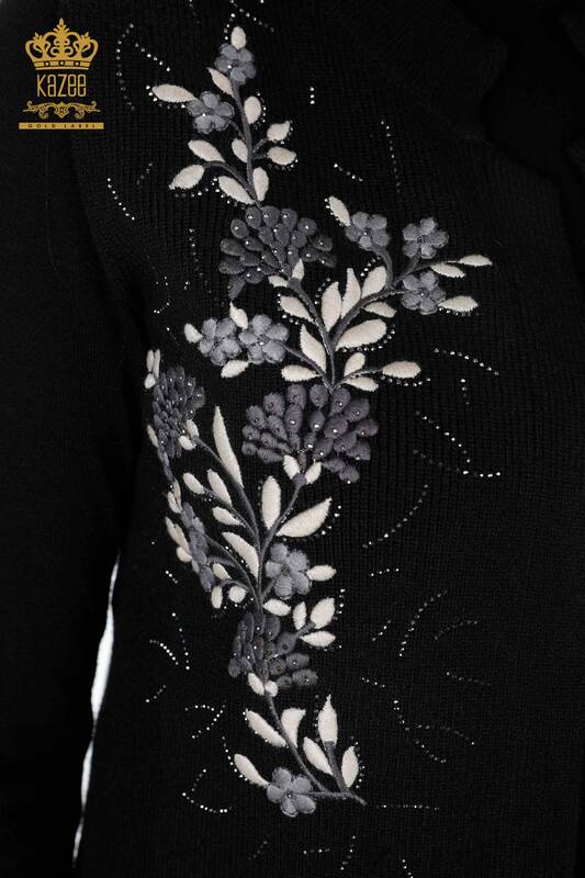 Wholesale Women's Knitwear Vest Short Floral Embroidered Stone Embroidered - 16814 | KAZEE