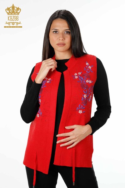 Wholesale Women's Knitwear Vest Short Floral Embroidered Stone Embroidered - 16814 | KAZEE - Thumbnail