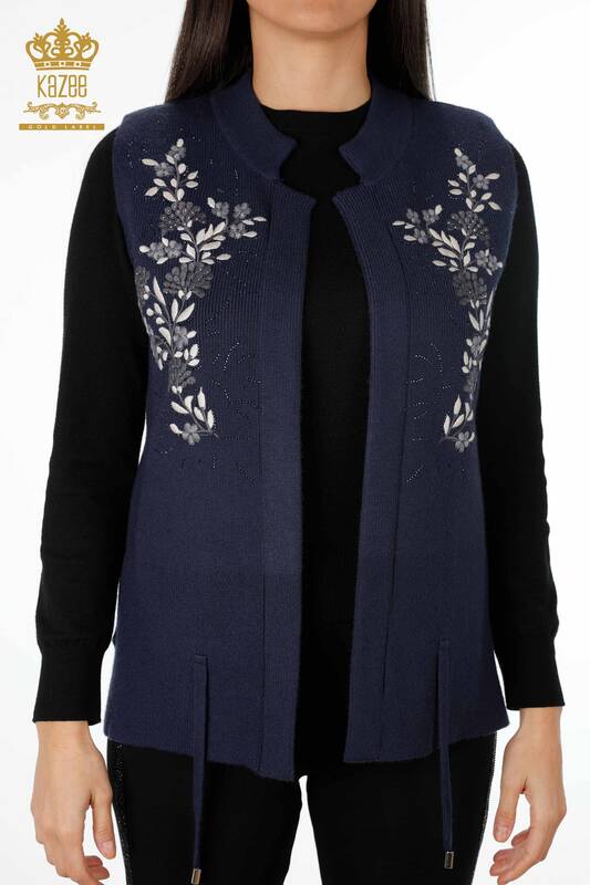 Wholesale Women's Knitwear Vest Short Floral Embroidered Stone Embroidered - 16814 | KAZEE