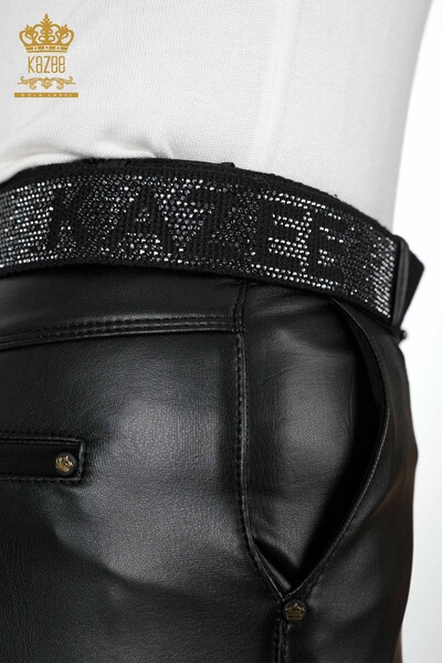 Wholesale Women's Leather Trousers Kazee Logo Belted Stone Embroidered - 3375 | KAZEE - Thumbnail