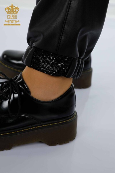 Wholesale Women's Leather Pants Stone Embroidered Black - 3670 | KAZEE - 7