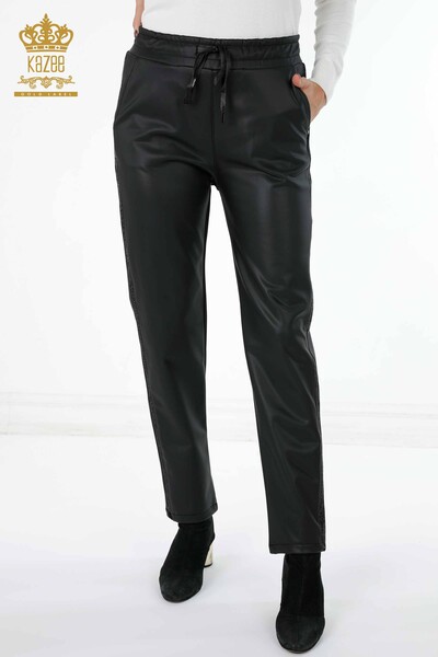 Wholesale Women's Leather Trousers Sliver Crystal Stone Embroidered Cord - 3645 | KAZEE - Thumbnail