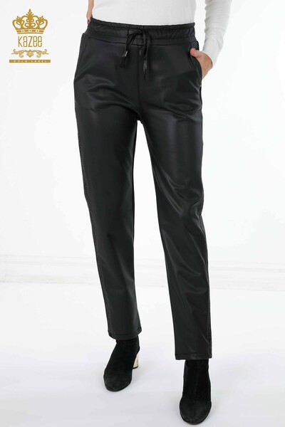 Wholesale Women's Leather Trousers Sliver Crystal Stone Embroidered Cord - 3645 | KAZEE - 2