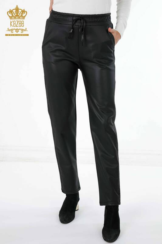 Wholesale Women's Leather Trousers Sliver Crystal Stone Embroidered Cord - 3645 | KAZEE
