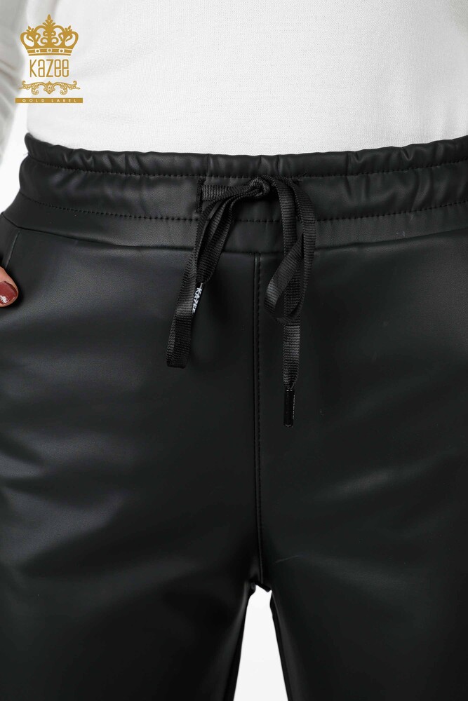 Wholesale Women's Leather Trousers Sliver Crystal Stone Embroidered Cord - 3645 | KAZEE - 3