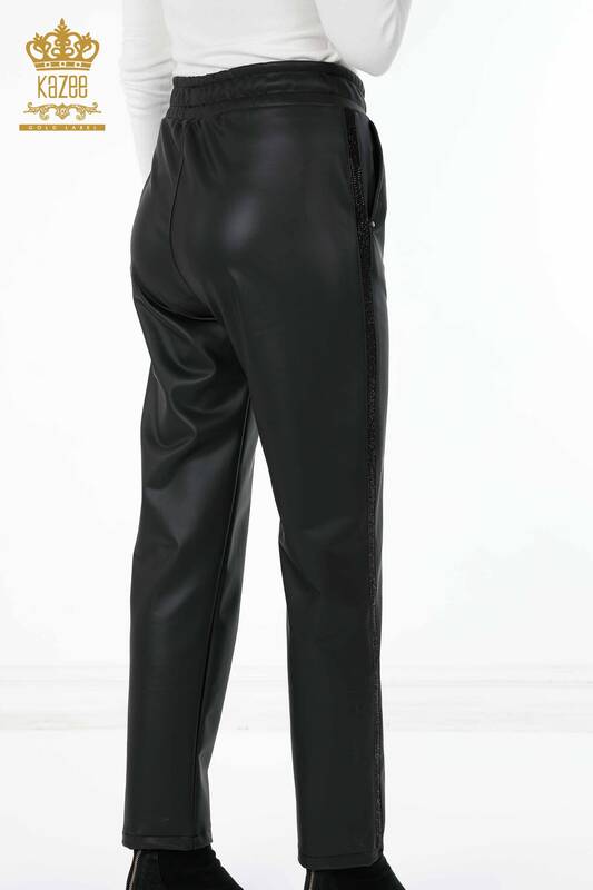 Wholesale Women's Leather Trousers Sliver Crystal Stone Embroidered Cord - 3645 | KAZEE