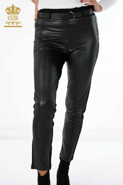 Wholesale Women's Leather Pants Button Detailed Belted Viscose - 3623 | KAZEE - Thumbnail