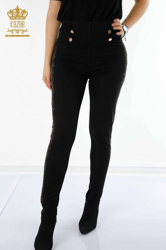 Wholesale Women's Leggings Pants Black With Button - 3426 | KAZEE