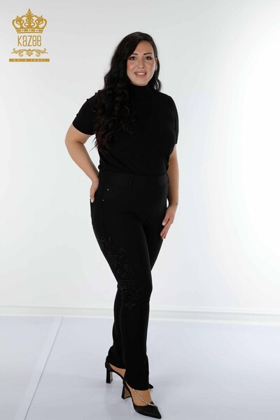 Wholesale Women's Leggings Trousers Floral Pattern Black - 3620 | KAZEE - Thumbnail