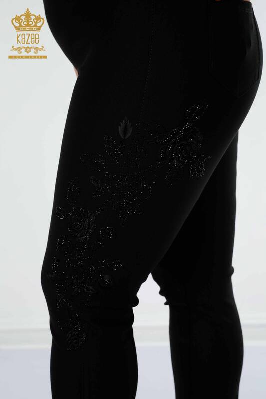 Wholesale Women's Leggings Trousers Floral Pattern Black - 3620 | KAZEE