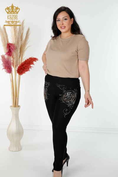 Wholesale Women's Leggings Trousers Leopard Stone Embroidered Black - 3638 | KAZEE - 1