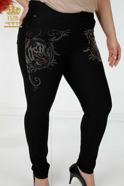 Wholesale Women's Leggings Trousers Leopard Stone Embroidered Black - 3638 | KAZEE - Thumbnail