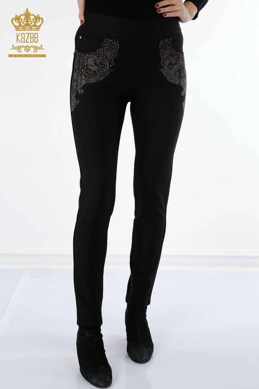 Wholesale Women's Leggings Trousers Sides Patterned Colored Stone Embroidered - 3610 | KAZEE
