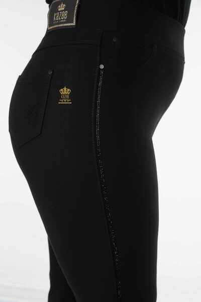 Wholesale Women's Leggings Trousers Stripe Stone Embroidered Black - 3597 | KAZEE - Thumbnail