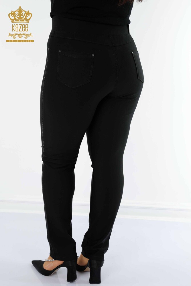 Wholesale Women's Leggings Trousers Stripe Stone Embroidered Black - 3597 | KAZEE - 9