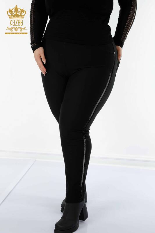 Wholesale Women's Leggings Trousers Stripe Stone Embroidered Black - 3611 | KAZEE