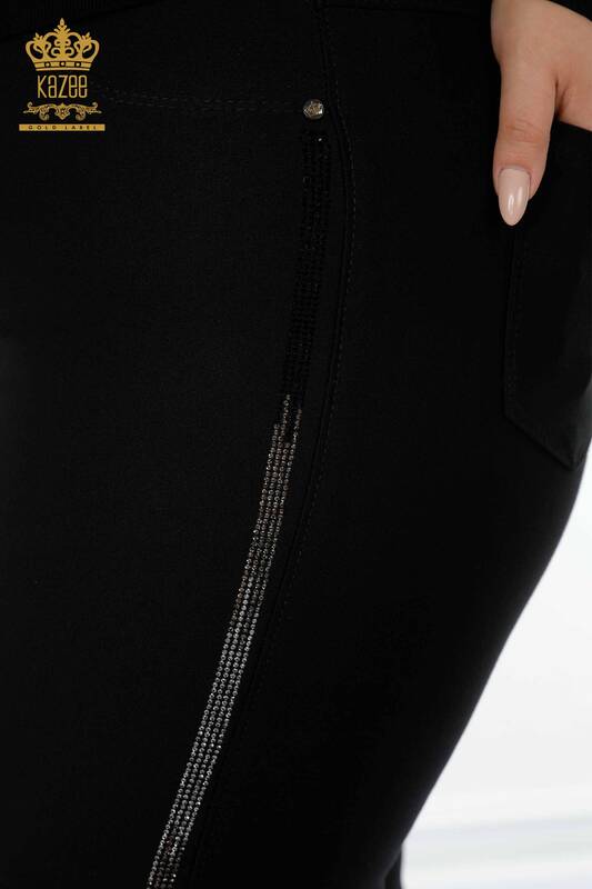 Wholesale Women's Leggings Trousers Stripe Stone Embroidered Black - 3611 | KAZEE