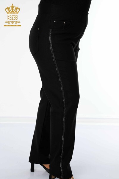 Wholesale Women's Leggings Trousers Stripe Stone Embroidered Black - 3664 | KAZEE - Thumbnail