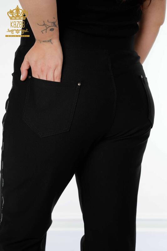 Wholesale Women's Leggings Trousers Stripe Stone Embroidered Black - 3664 | KAZEE
