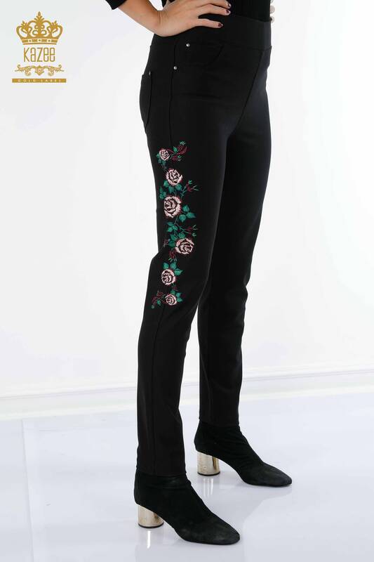 Wholesale Women's Leggings Trousers Colorful Floral Embroidered Stone Embroidery - 3591 | KAZEE