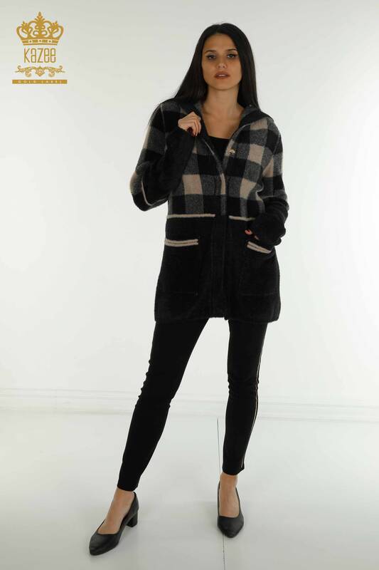 Wholesale Women's Long Cardigan Checked Angora Black - 30208 | KAZEE