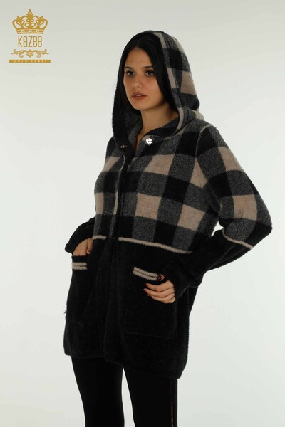 Wholesale Women's Long Cardigan Checked Angora Black - 30208 | KAZEE - Thumbnail