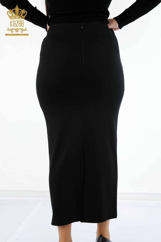 Wholesale Women's Long Skirt Zippered Side Stripe Stone Embroidered - 4150 | KAZEE