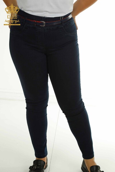 Wholesale Women's Trousers - Belt Detailed - Navy Blue - 2412-3369-2 | M&N - Thumbnail