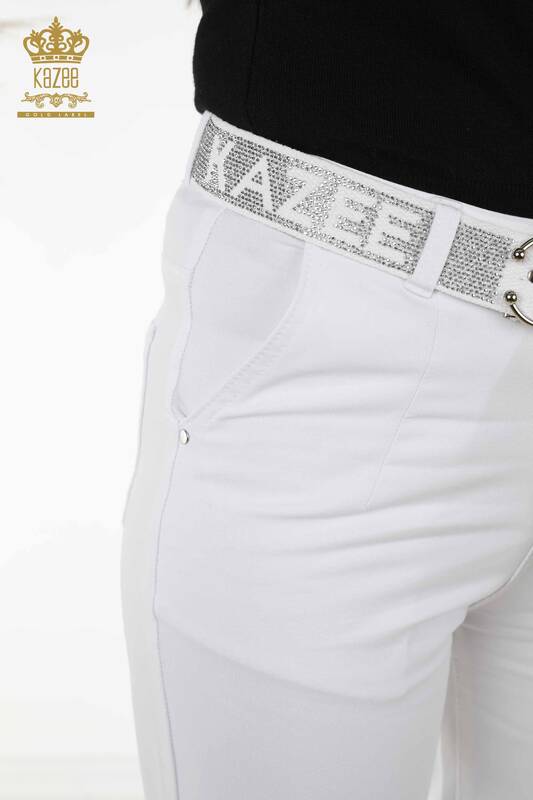 Wholesale Women's Trousers Belt Pockets - White - 3685 | KAZEE