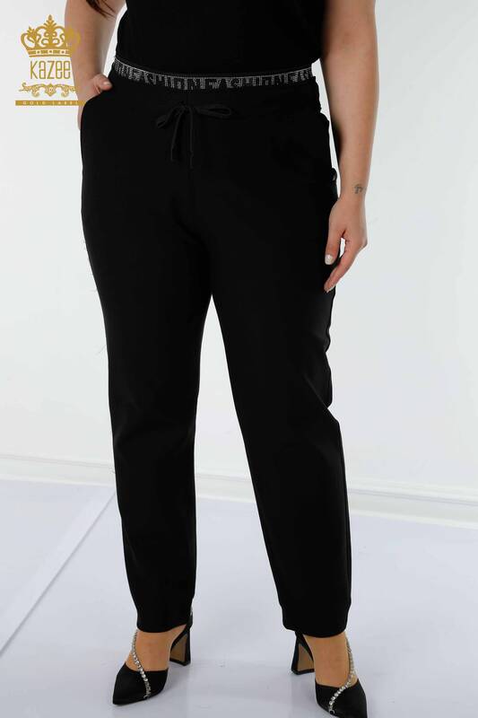 Wholesale Women's Trousers Stone Embroidered Black - 3667 | KAZEE