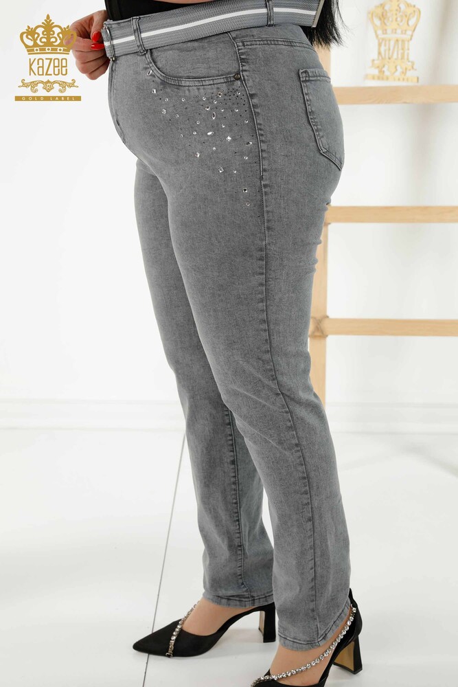 Wholesale Women's Trousers Stone Embroidered Gray - 3689 | KAZEE - 2
