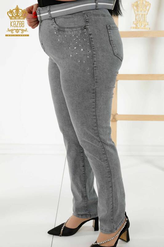 Wholesale Women's Trousers Stone Embroidered Gray - 3689 | KAZEE