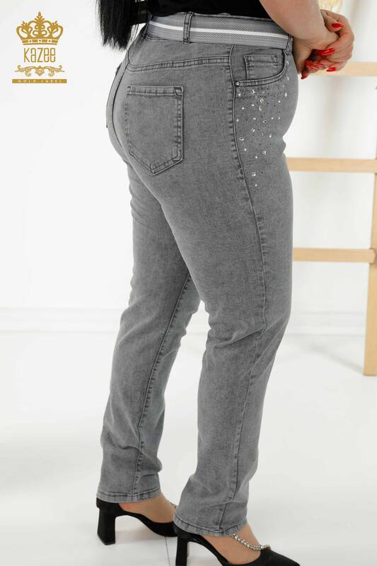 Wholesale Women's Trousers Stone Embroidered Gray - 3689 | KAZEE