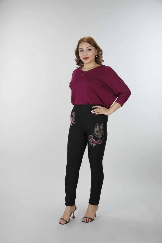 Wholesale Women's Trousers With Butterfly and Flower Pattern - 3442 | KAZEE