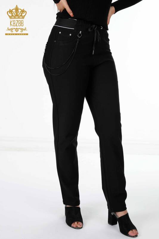 Wholesale Women's Trousers With Chain Detail Rope Tied Belt - 3624 | KAZEE