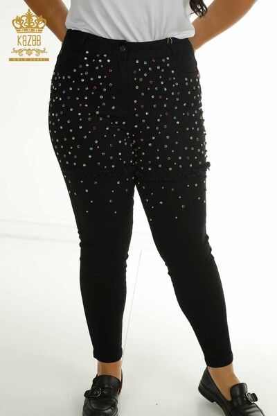 Wholesale Women's Trousers with Crystal Stone Embroidery Black - 2412-0549 | M&N - Thumbnail