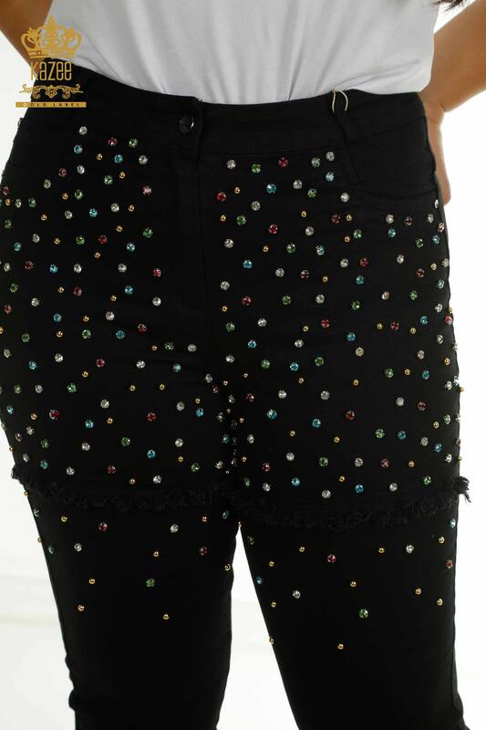 Wholesale Women's Trousers with Crystal Stone Embroidery Black - 2412-0549 | M&N